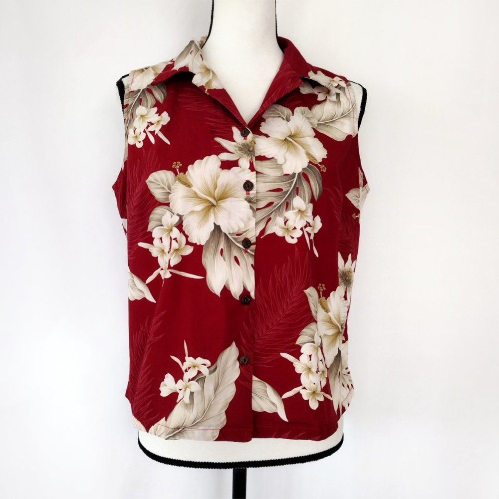 ❤️ Vintage 90s Red Sleevelesss Button Down Hawaiian Blouse 2/$15